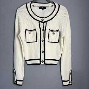 Lulus Impressively Iconic Ivory Waffle Knit Contrast Cardigan Cropped Sweater Sm
